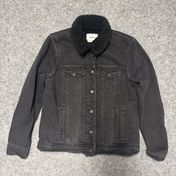 Old Navy‎ Sherpa Lined Black Denim Button Up Trucker Jacket Women's Small - Picture 2 of 7